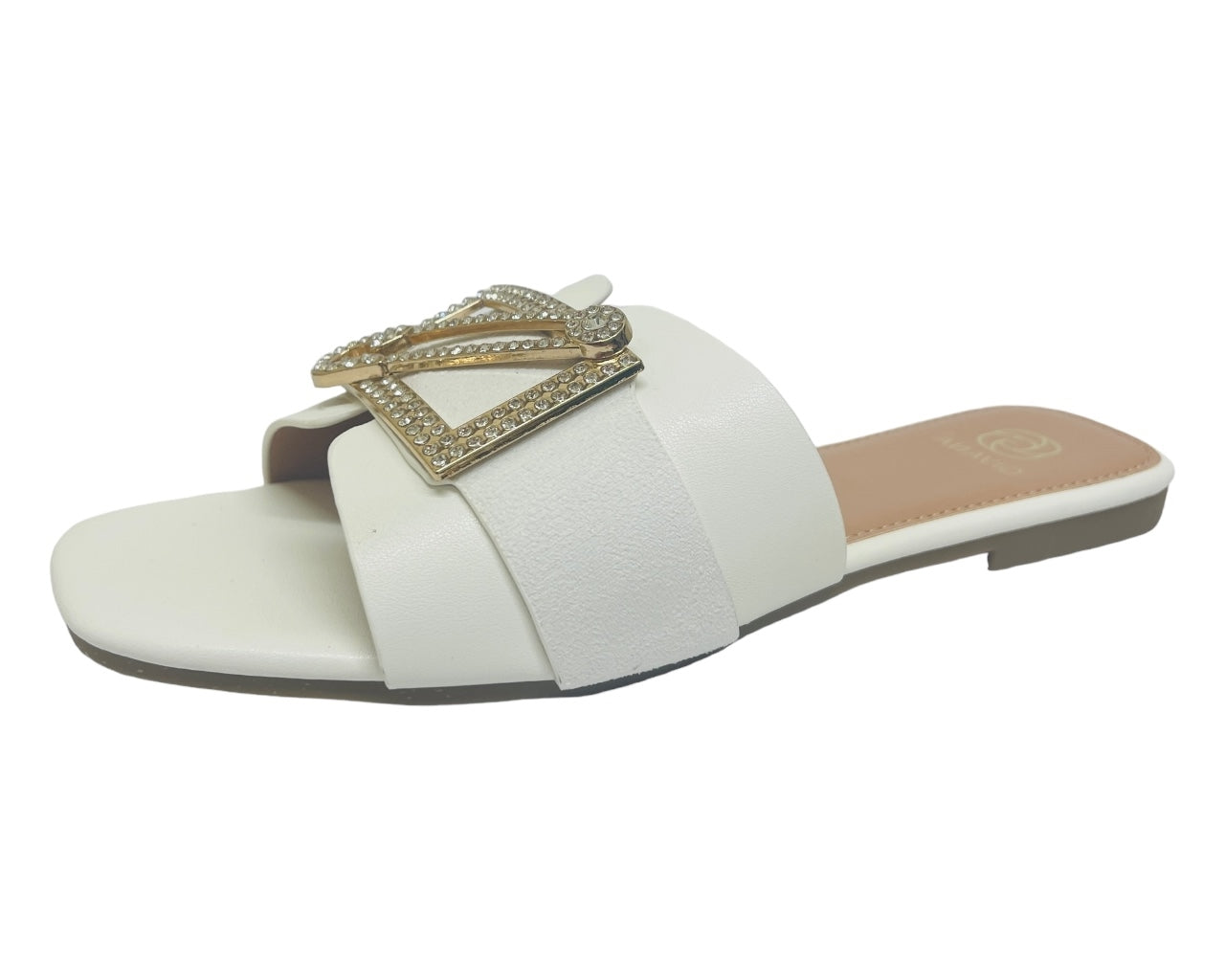 Faux Leather Diamante Flat Smart Slider Sandals