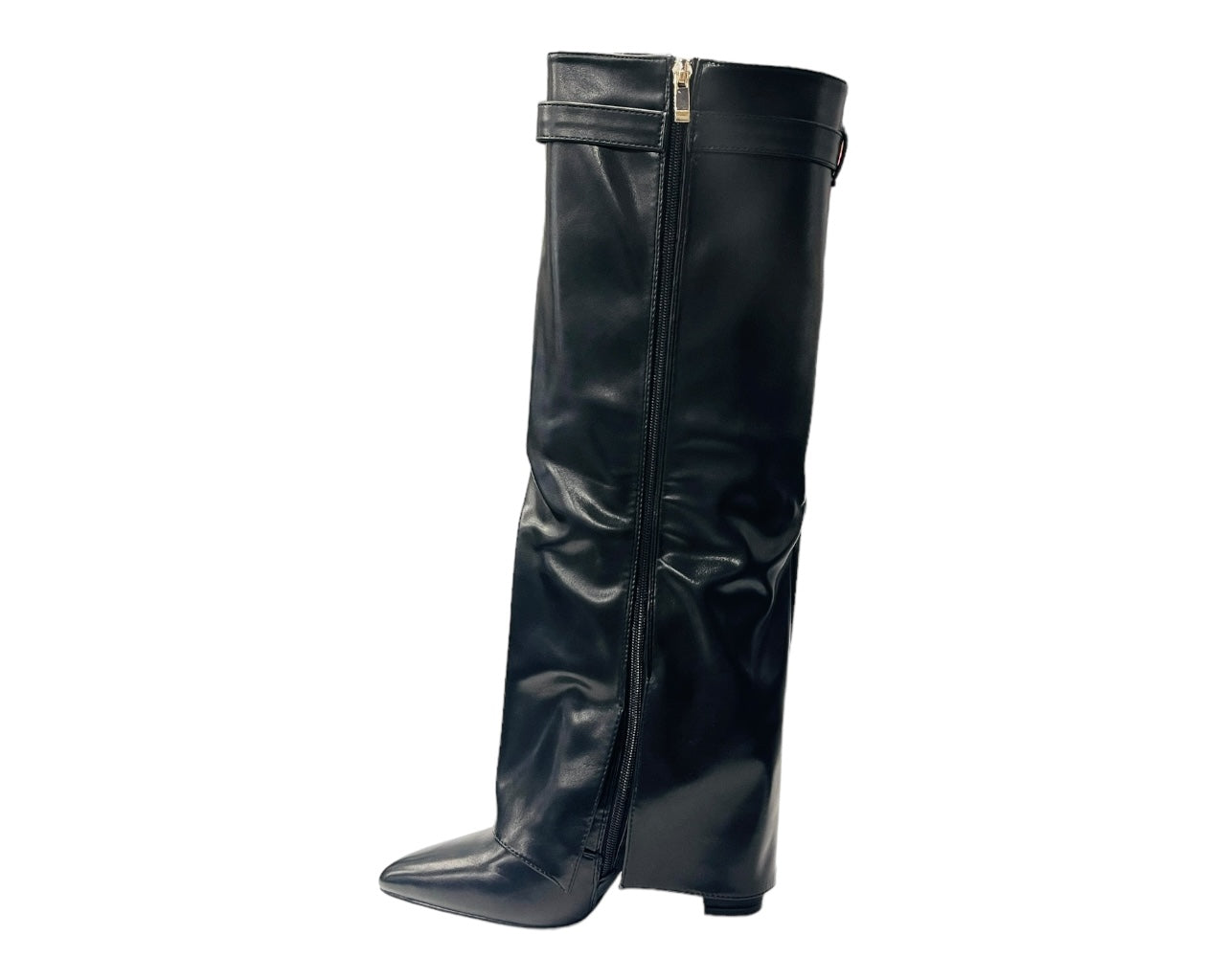 Faux Leather Kneel High Fold Over Block Heel Boots