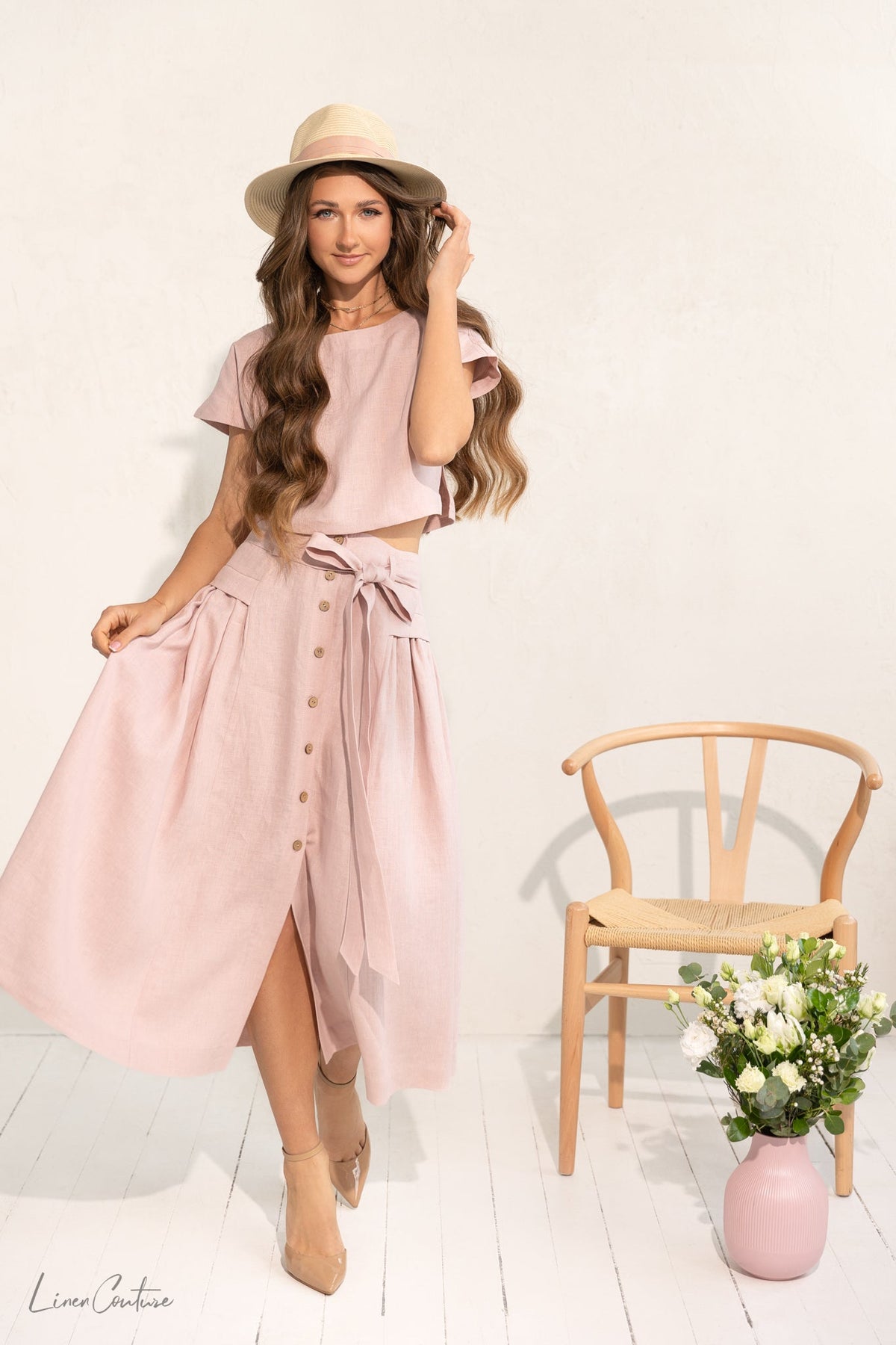 Taormina Pale Pink Linen Crop Top and Midi Skirt Co Ord Set