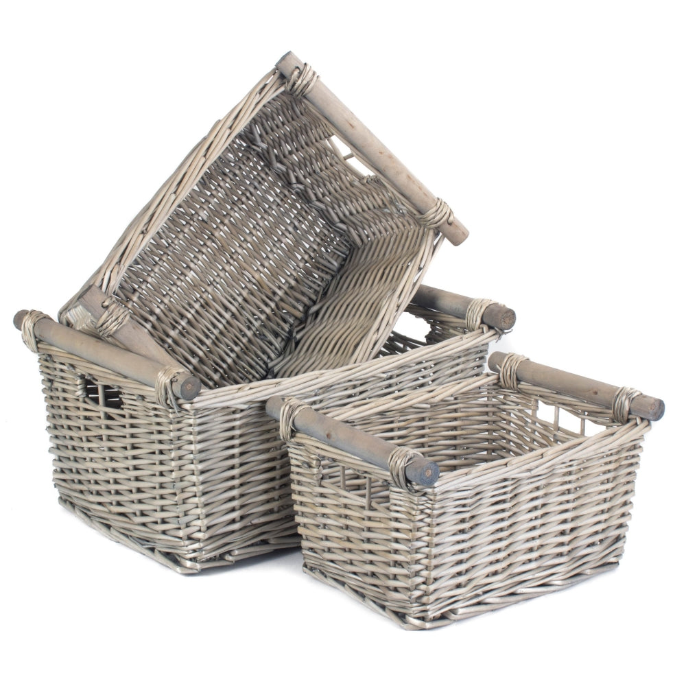 Grey Wash Wooden Handled Wicker Storage Basket