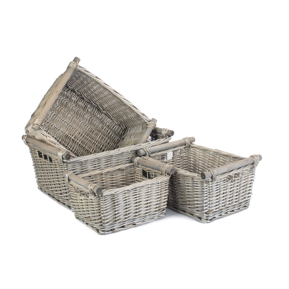 Grey Wash Wooden Handled Wicker Storage Basket