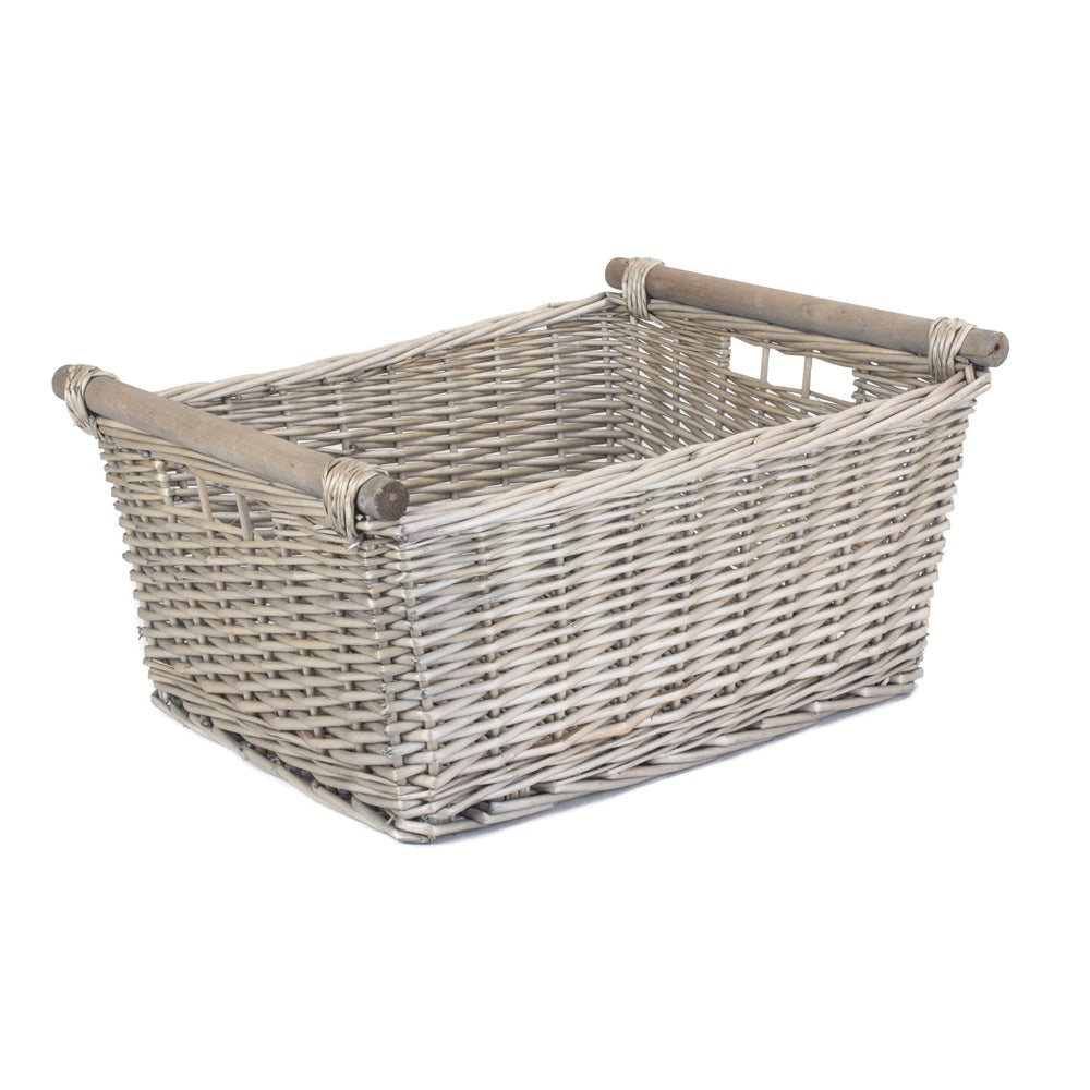 Grey Wash Wooden Handled Wicker Storage Basket