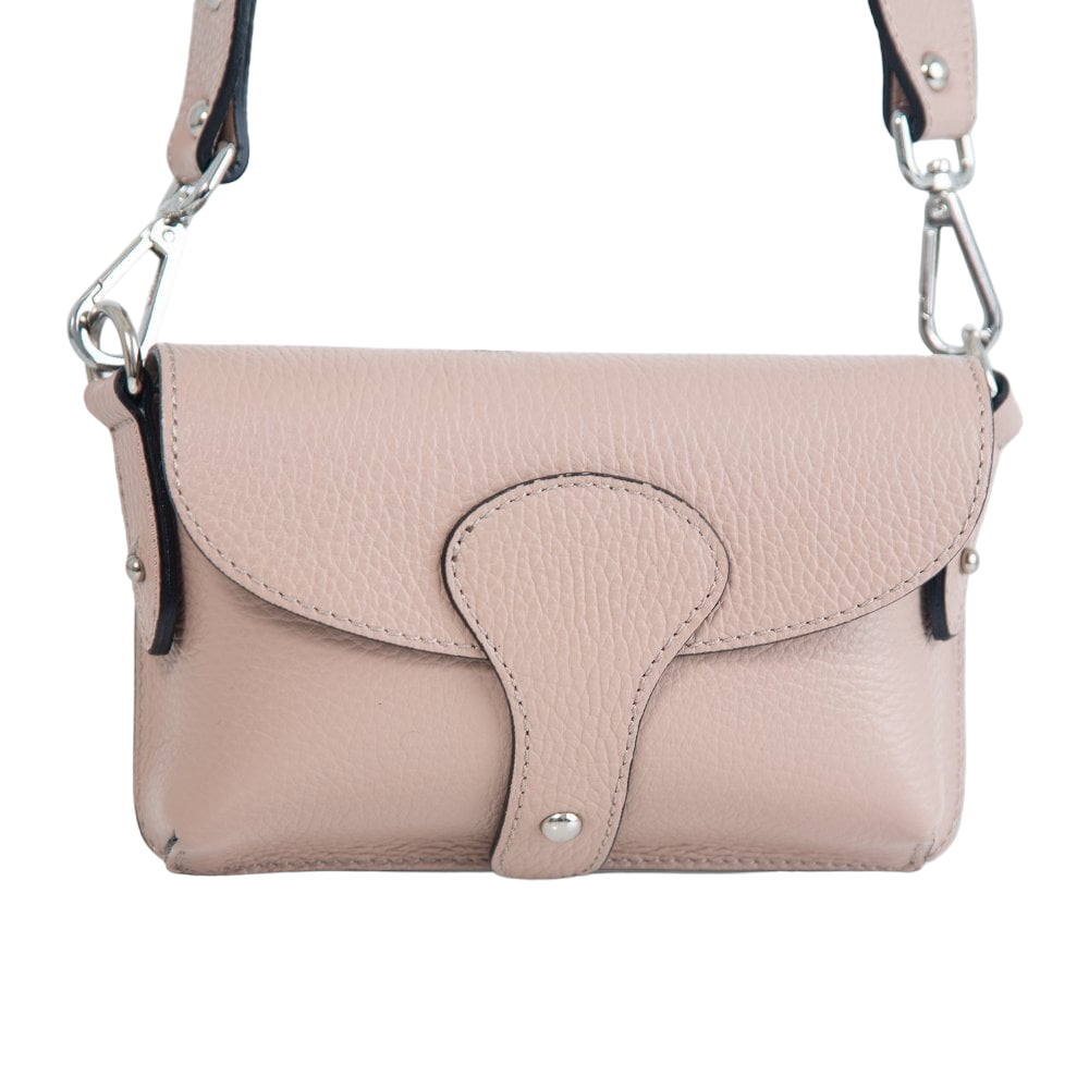 Italian Designer Leather Small Crossbody Wide Strap Bag Carina- Nude