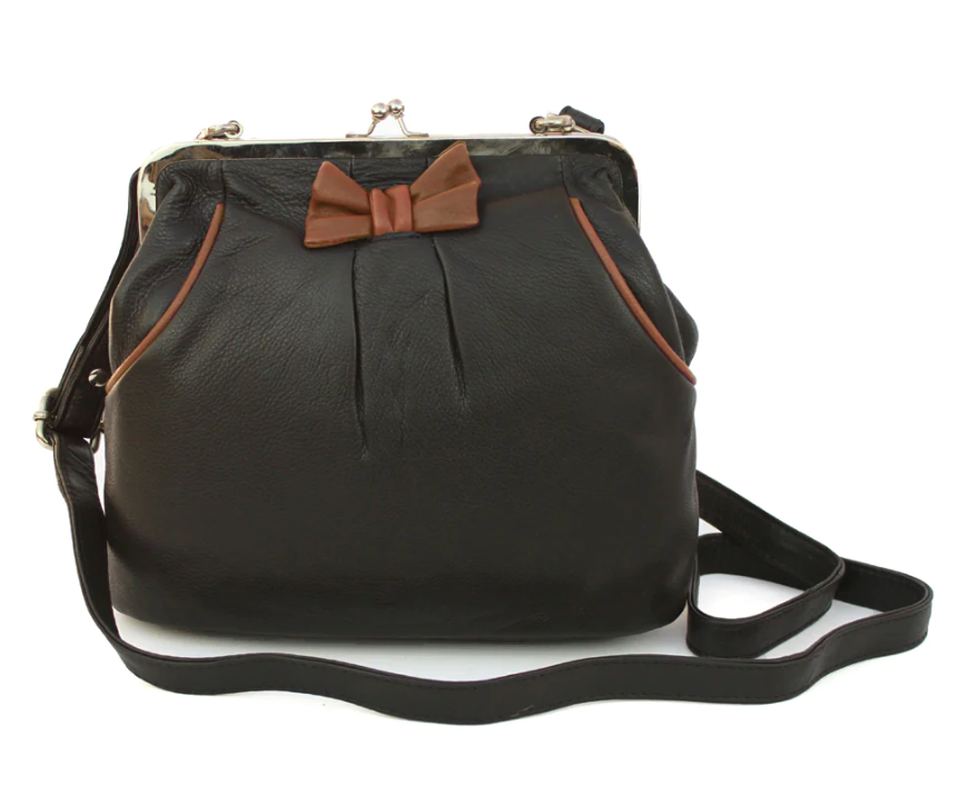 Genuine Leather bag Vintage Retro with 'kiss lock' fastening Contrast piping and bow detail- Debbie Black & Wine