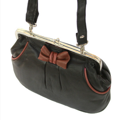 Genuine Leather bag Vintage Retro with 'kiss lock' fastening Contrast piping and bow detail- Debbie Black & Wine