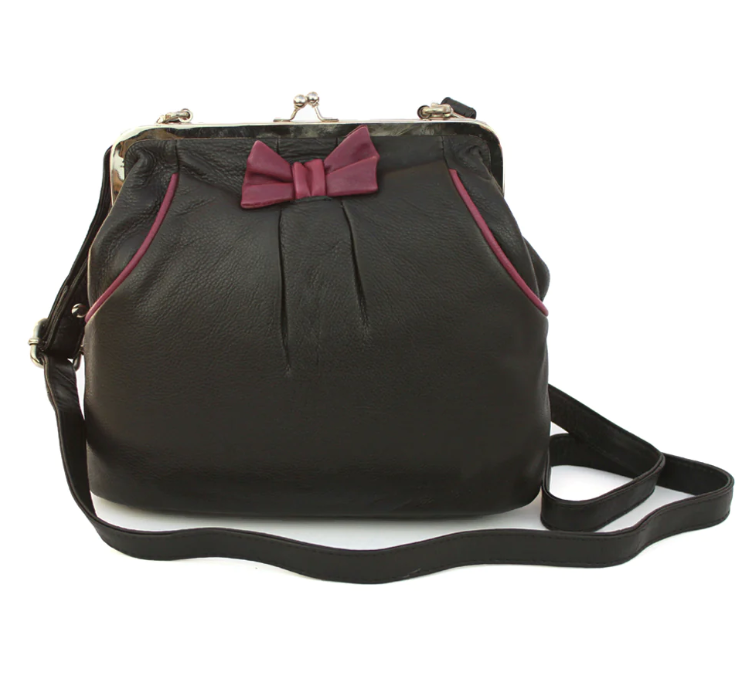 Genuine Leather bag Vintage Retro with 'kiss lock' fastening Contrast piping and bow detail- Debbie Black & Wine