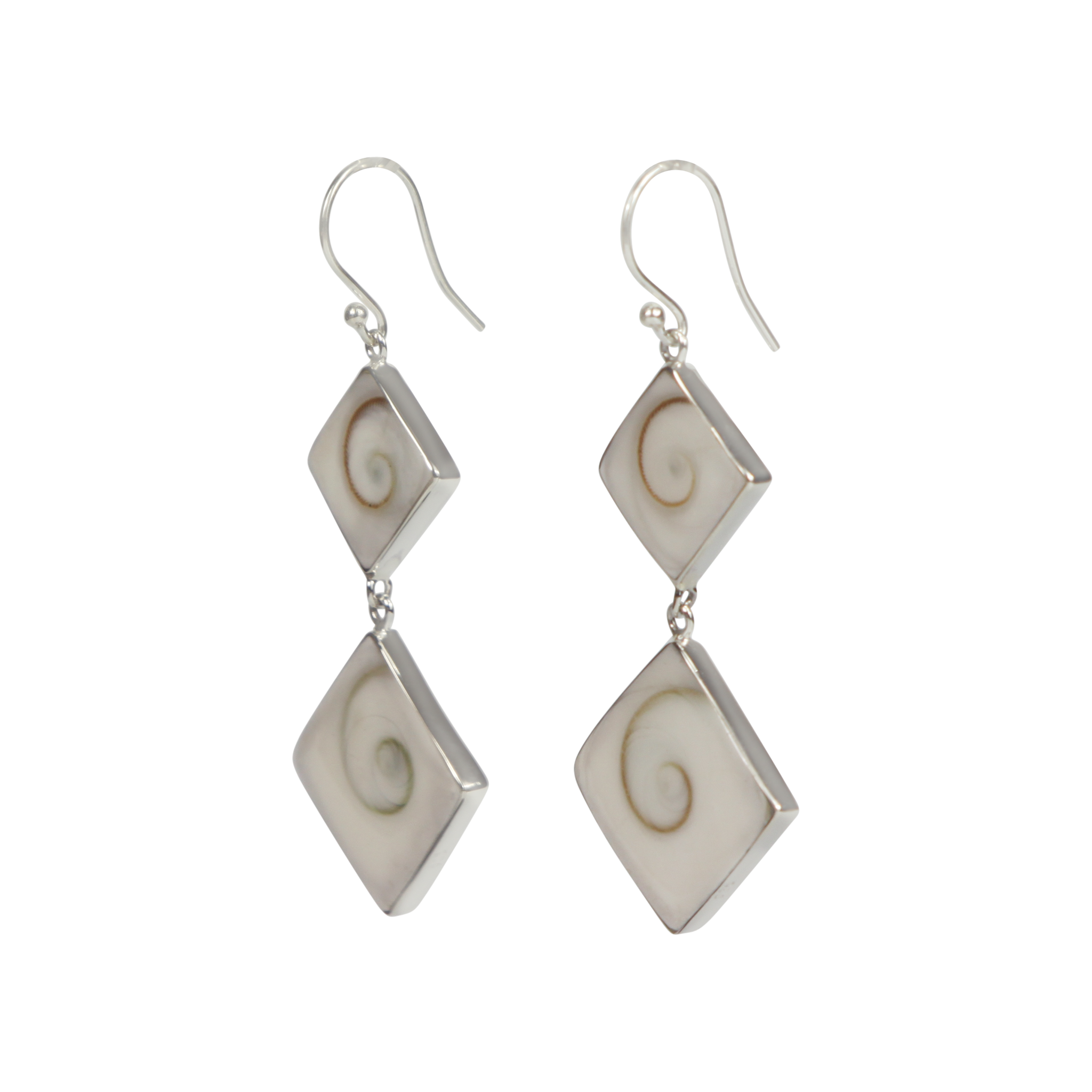 Sundari Jewellery Statement double square Shiva shell earrings set into sterling silver