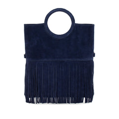 Italian Leather Suede Leather Circle Handle with Fringes Handbag with matching Crossbody bag - Swolit Giulia-Navy