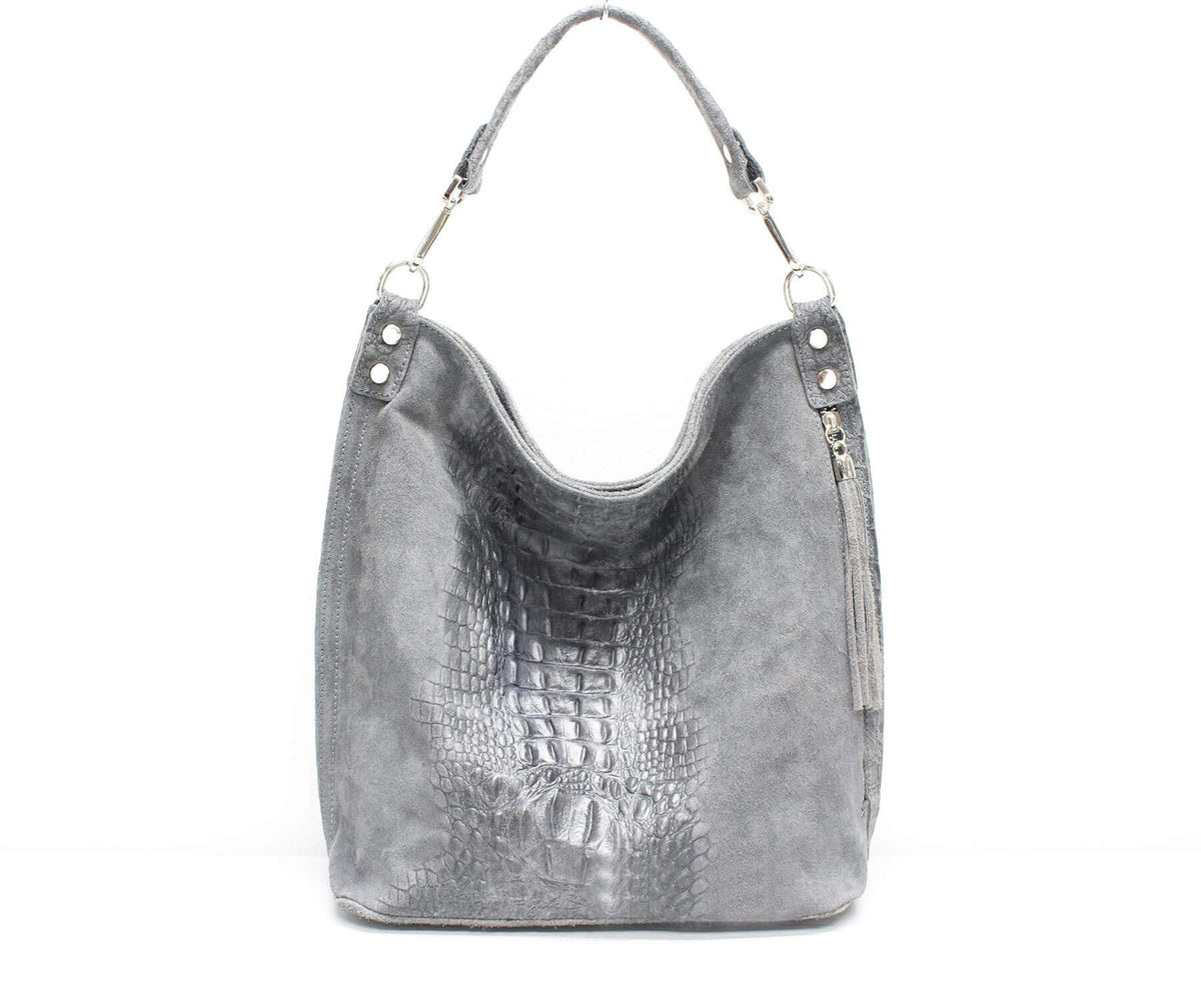 Italian Designer Leather Suede Leather Croc Print Right Pocket Hobo Bag - Swolit Zeta Grey