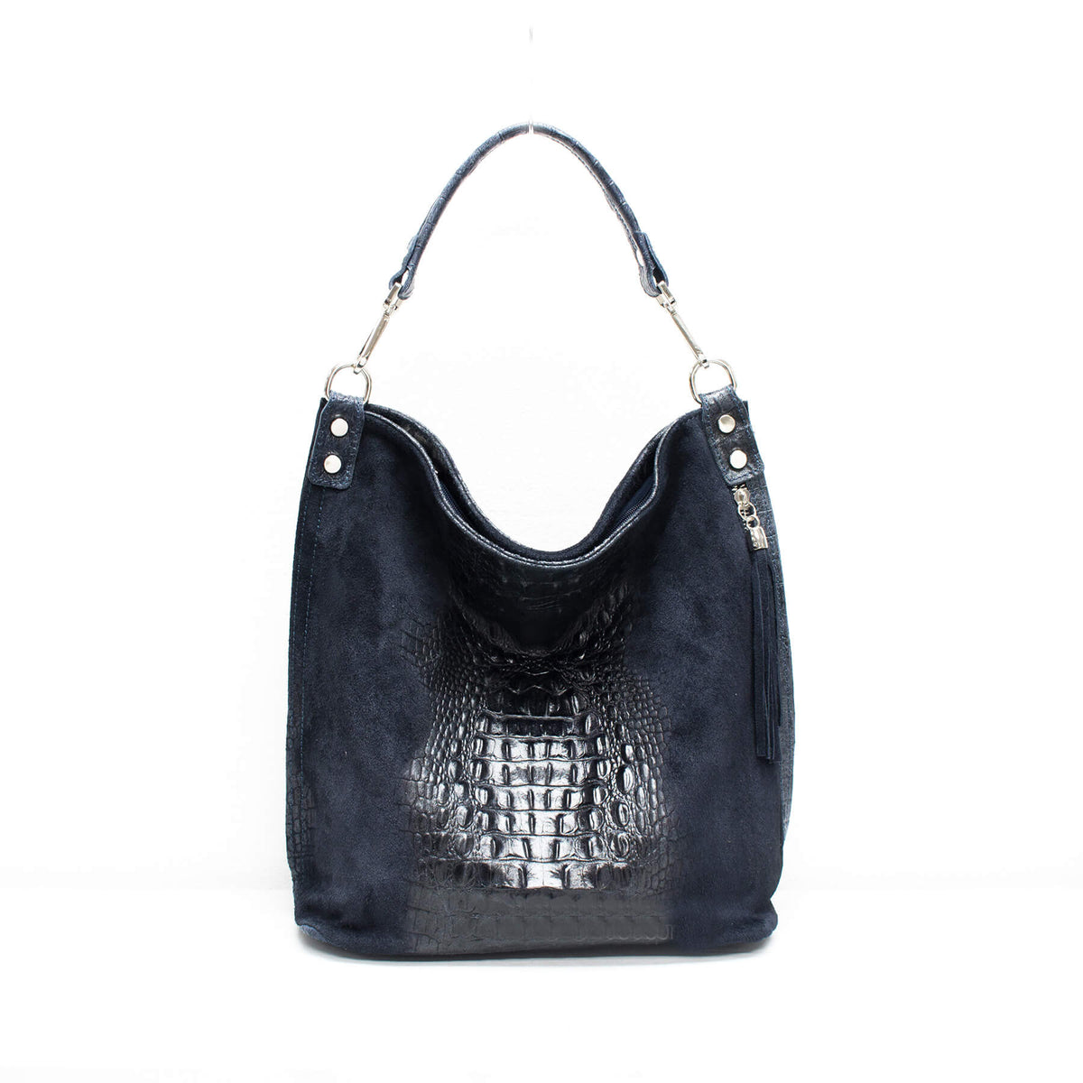 Italian Designer Leather Suede Leather Croc Print Right Pocket Hobo Bag - Swolit Zeta - Navy