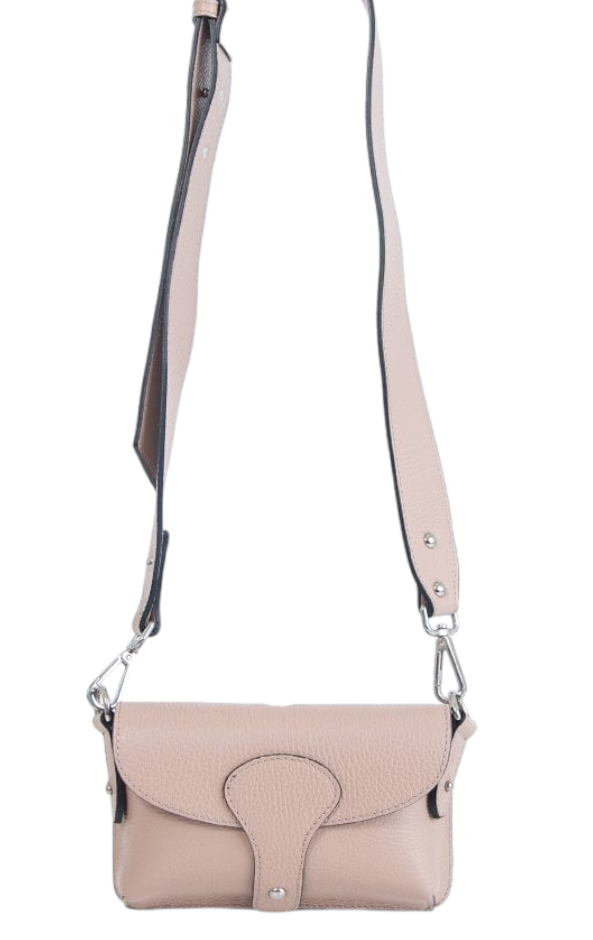 Italian Designer Leather Small Crossbody Wide Strap Bag Carina- Nude