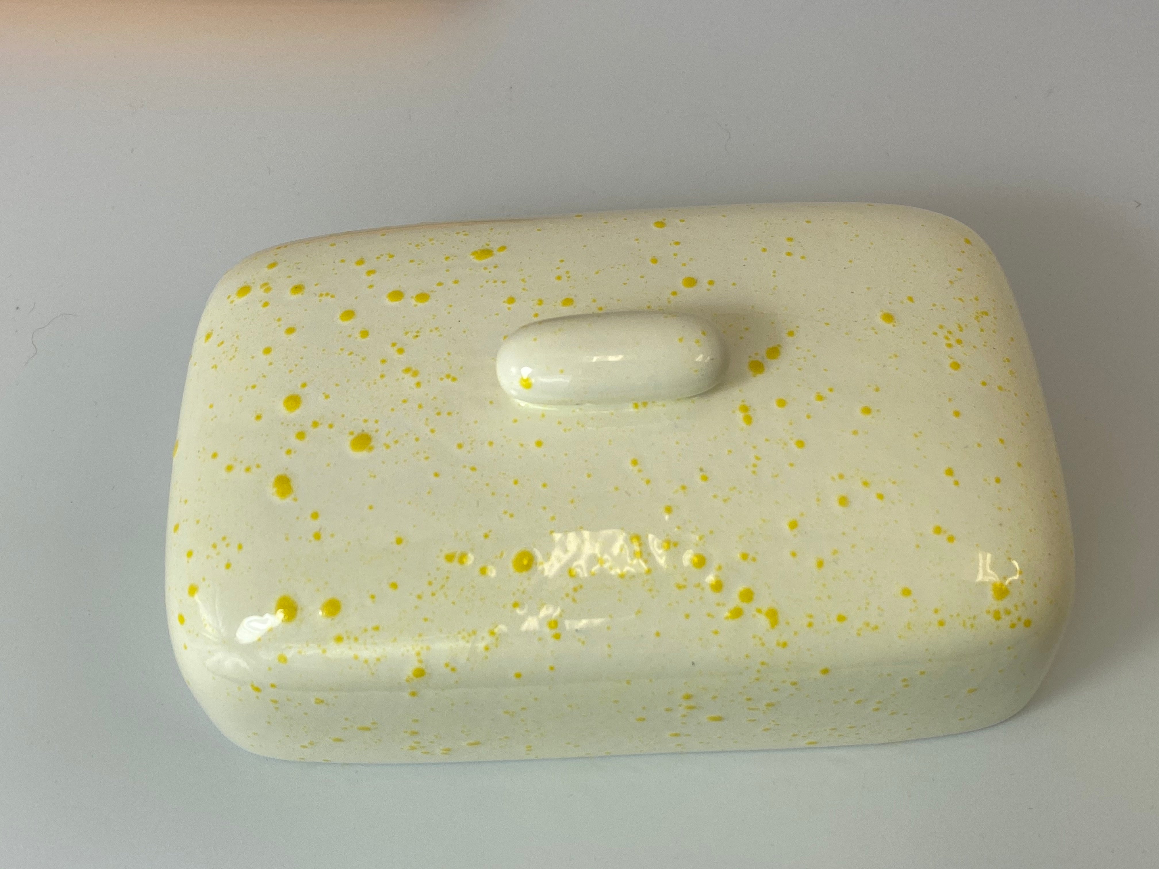 Butter Dish with White Lid Yellow Spots