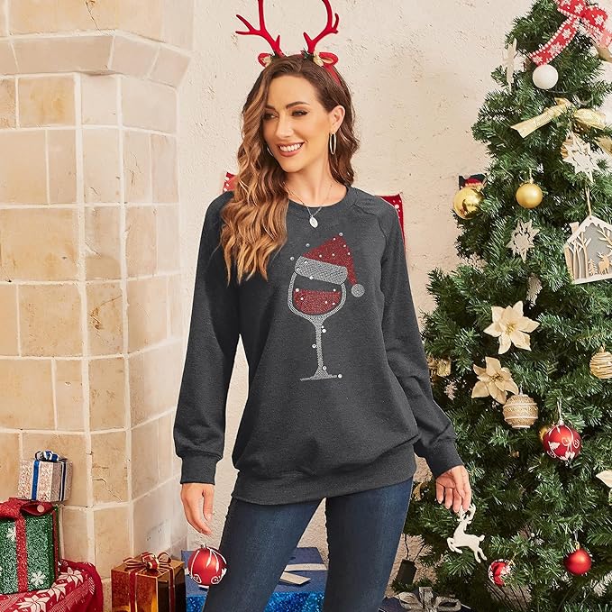 Achinel Womens Christmas Top Long Sleeve Sweatshirts Ladies Xmas Tops Sparkly Wine Glass Shirts Casual Merry Chirtsmas Blouse - Women's Hoodies & Sweatshirts - British D'sire