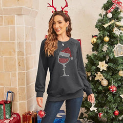 Achinel Womens Christmas Top Long Sleeve Sweatshirts Ladies Xmas Tops Sparkly Wine Glass Shirts Casual Merry Chirtsmas Blouse - Women's Hoodies & Sweatshirts - British D'sire