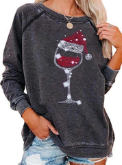 Achinel Womens Christmas Top Long Sleeve Sweatshirts Ladies Xmas Tops Sparkly Wine Glass Shirts Casual Merry Chirtsmas Blouse - Women's Hoodies & Sweatshirts - British D'sire