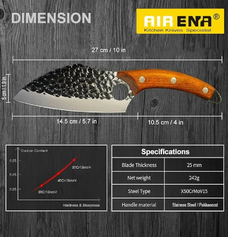 AIRENA Handmade Forged Kitchen Knives, Chefs Knife Set, High Carbon Steel Cook Knife - Full Tang Structure Wood Handle with Thickened Leather Sheath for Home, Camping, BBQ, Gift Box - British D'sire