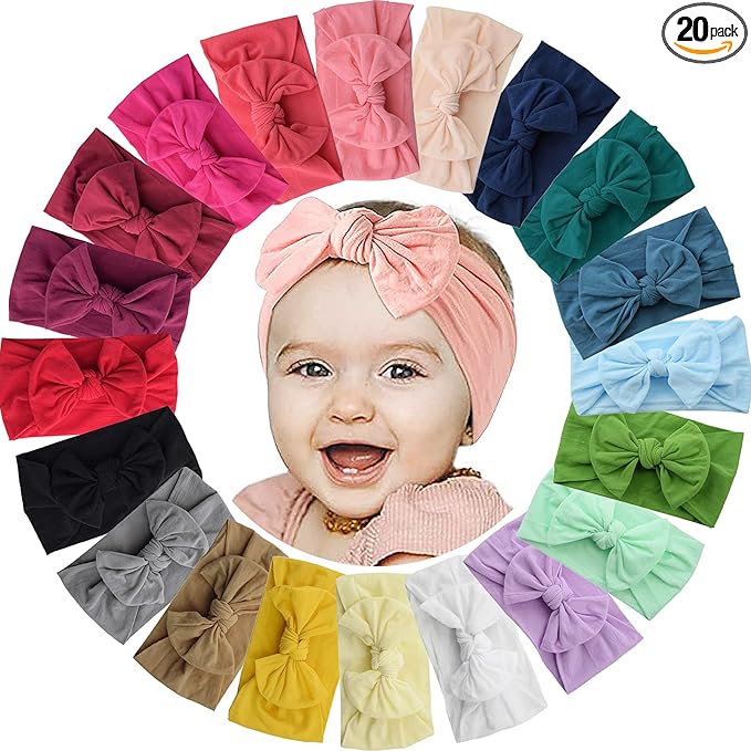 ALinmo 20PCS Elastic Nylon Turban Stretchy Soft Wide Bowknot Headbands for Babies Newborn Baby Girl Infant Toddler - Headbands - British D'sire