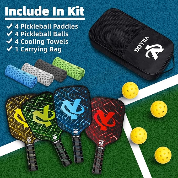 Arezzo - Pickleball Paddles, Fiberglass Surface, 4.25 Inch Grip, USAPA Approved, Set of 4 Paddles, 4 Balls, 4 Cooling Towels, Pickleball Bag - Outdoor Sports & Equipments - British D'sire