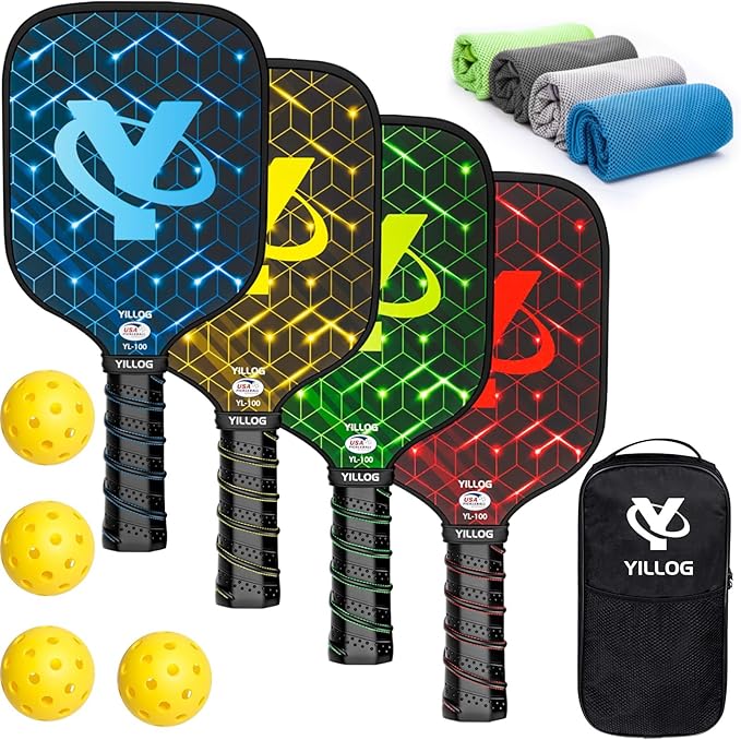 Arezzo - Pickleball Paddles, Fiberglass Surface, 4.25 Inch Grip, USAPA Approved, Set of 4 Paddles, 4 Balls, 4 Cooling Towels, Pickleball Bag - Outdoor Sports & Equipments - British D'sire