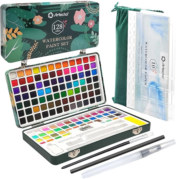 Artecho Watercolour Paint Set 128 Colours in Portable Box with Water Colour Pallet, Watercolour Papers and Brushes, Ideal for Adults, Artists and Hobbyists - Art & Craft - British D'sire