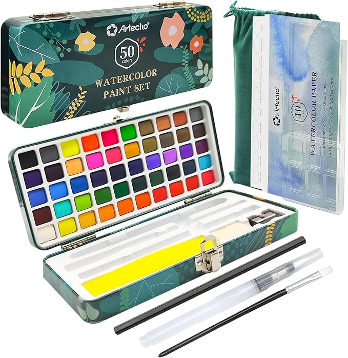 Artecho Watercolour Paint Set 128 Colours in Portable Box with Water Colour Pallet, Watercolour Papers and Brushes, Ideal for Adults, Artists and Hobbyists - Art & Craft - British D'sire