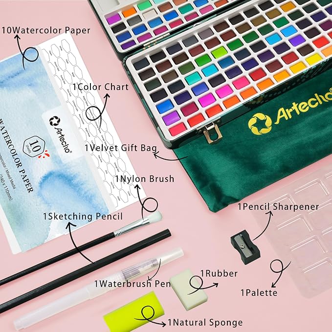 Artecho Watercolour Paint Set 128 Colours in Portable Box with Water Colour Pallet, Watercolour Papers and Brushes, Ideal for Adults, Artists and Hobbyists - Art & Craft - British D'sire