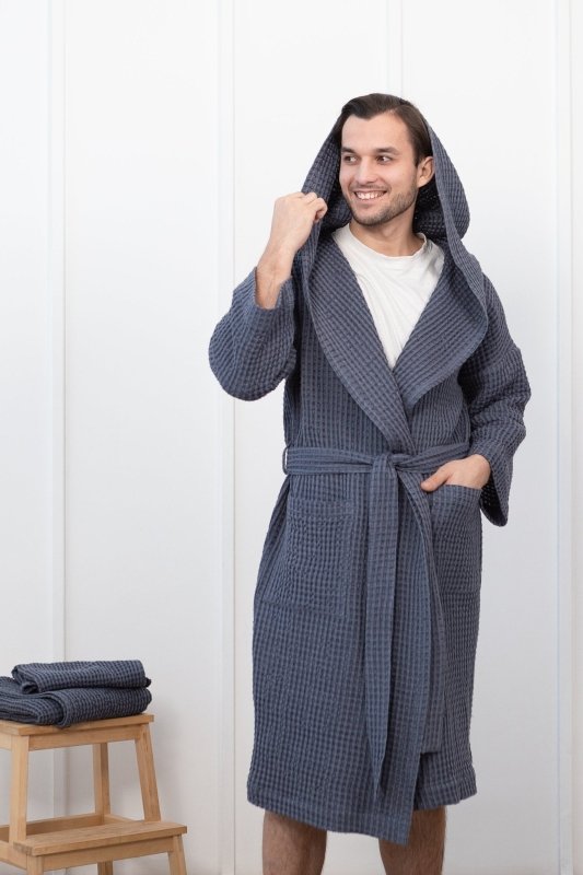 Asphalt Grey linen waffle robe with hoodie for men - Robes with hoodie - British D'sire