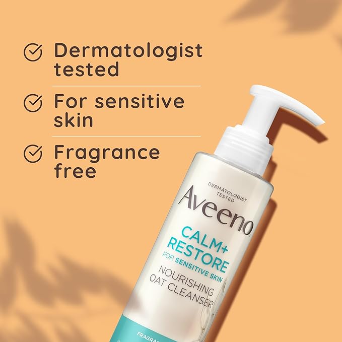 Aveeno Face CALM+RESTORE Nourishing Oat Cleanser, Gently Cleanses, For Sensitive Skin, With Prebiotic Oat and Calming Feverfew, Fragrance Free, 200ml - British D'sire