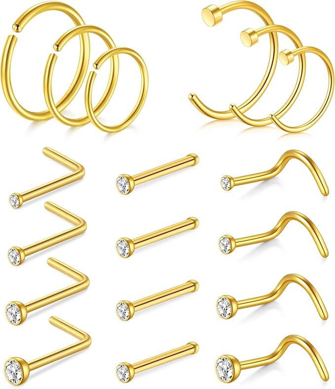 AVYRING Nose Rings Hypoallergenic Stainless Steel L - Shaped Nose Stud Screws with Cubic Zirconia Nose Piercing Jewellery 22G 20G 18G, Pack of 18 Pieces or 24 Pieces - Body Jewellery - British D'sire