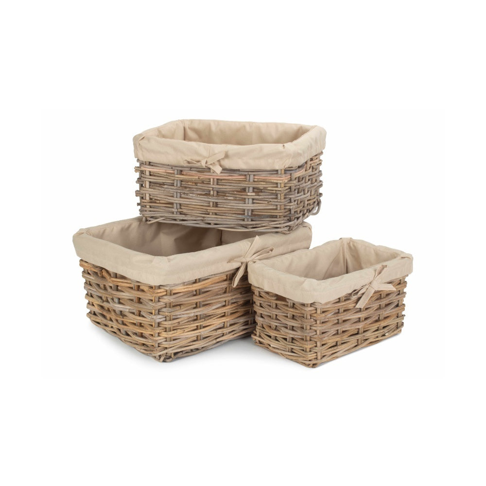 Rectangular Cordura Lined Grey Rattan Storage Basket