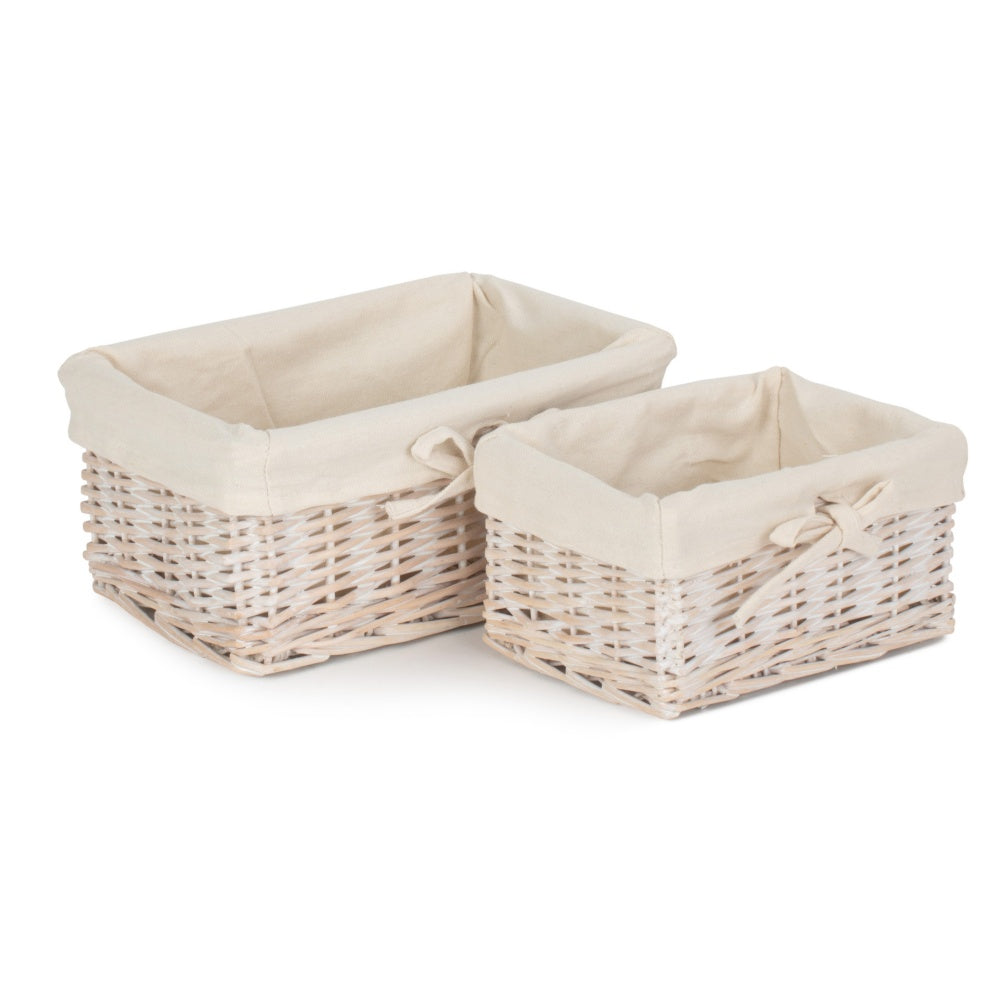 Set of 2 White Wash Finish Cotton Lined Willow Tray