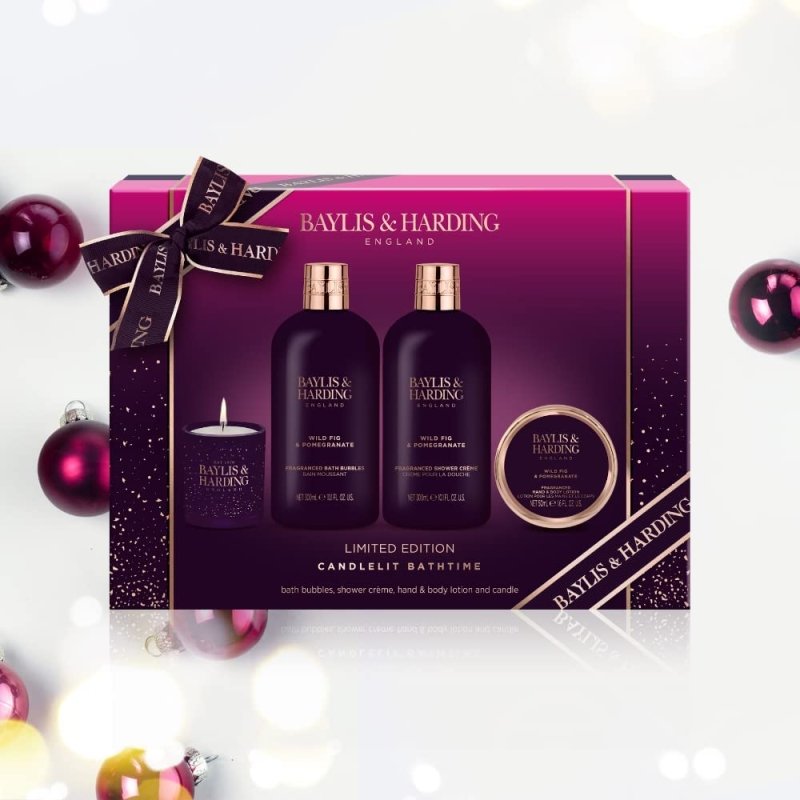 Baylis & Harding Limited Edition Wild Fig & Pomegranate Luxury Candlelit Bathtime Gift Set - Vegan Friendly - Bath & Body Gift Sets - British D'sire