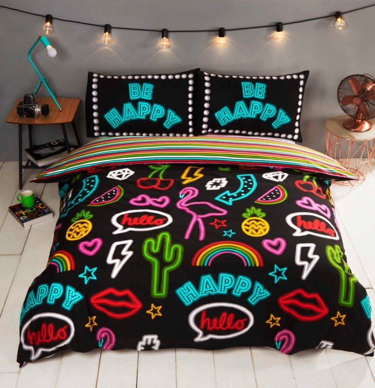 Be Happy Neon Kids Children Bedding Single Double Toddler Duvet Quilt Cover Set Boys Girls - Duvet Set - British D'sire