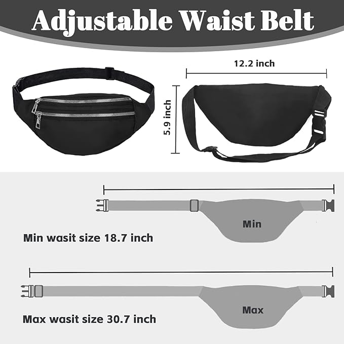 Black Bum Bag Fashion Waist Pack Bumbag for Women Men Lightweight Fanny Pack with 2 Zip Pockets & Adjustable Strap, Large Belt Bag for Dog Walking Running Hiking Jogging - Hiking Waist Packs - British D'sire