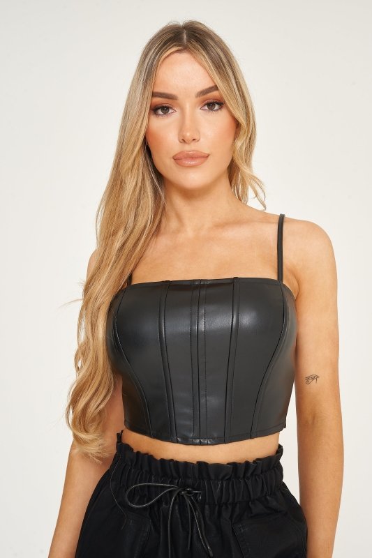 Black Faux Leather Corset Top - Crop Top - British D'sire