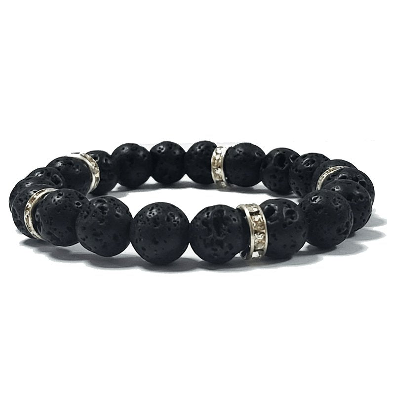 Black Lava 10mm Bracelet with Silver Spacers - British D'sire