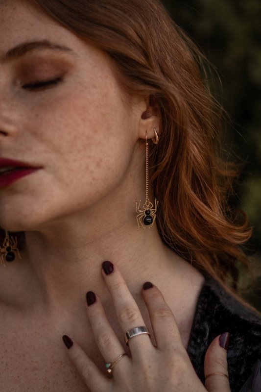 Black Obsidian Hand Wrapped Halloween Spider Drop Earrings - Earrings - British D'sire