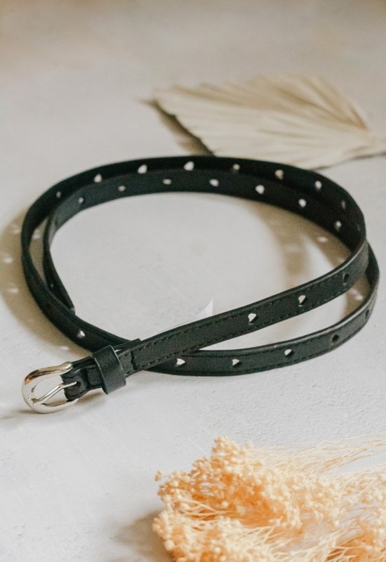 Black PU Skinny Belt with Heart Holes - Belts - British D'sire