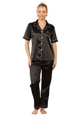 Black satin Pj set with Pockets - Loungewear - British D'sire