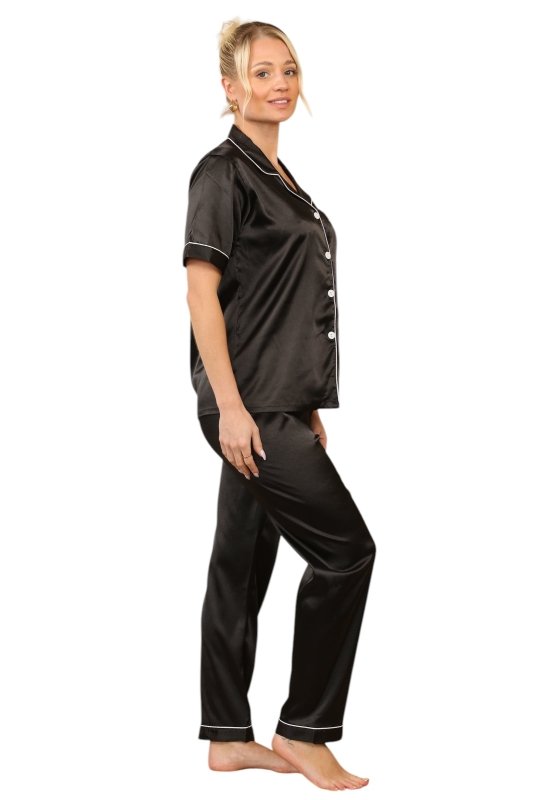 Black satin Pj set with Pockets - Loungewear - British D'sire