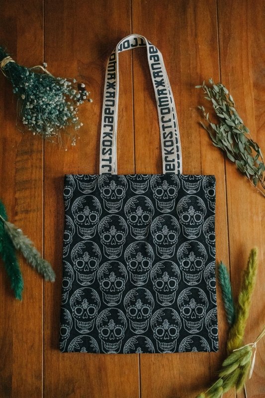 Black Skull Print Cotton Shopper Tote Bag by Xander Kostroma - Handbags - British D'sire