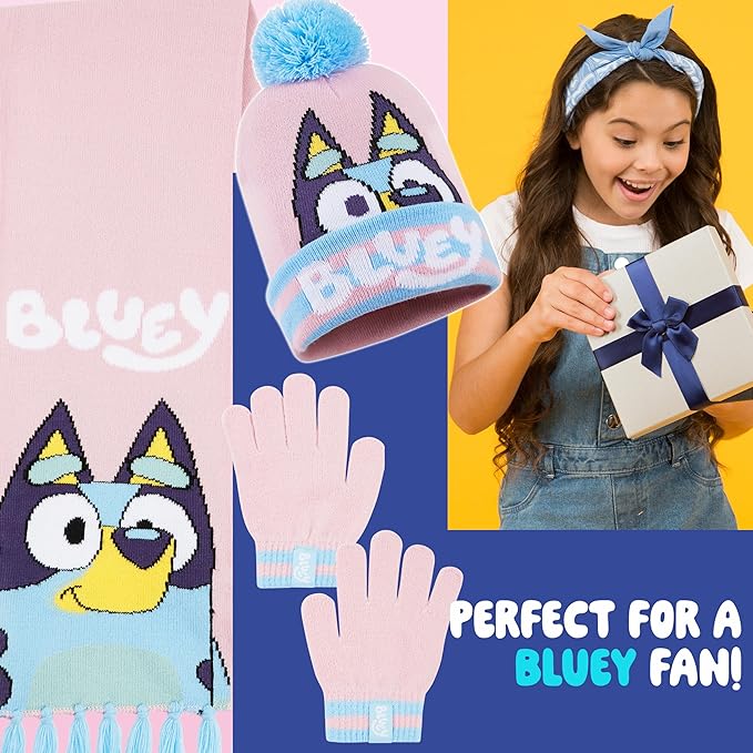 Bluey Hat Scarf and Gloves Set Kids - Beanie Scarf and Kids Gloves One Size Cosy Winter Accessories - Gifts for Kids - Women's Scarves - British D'sire