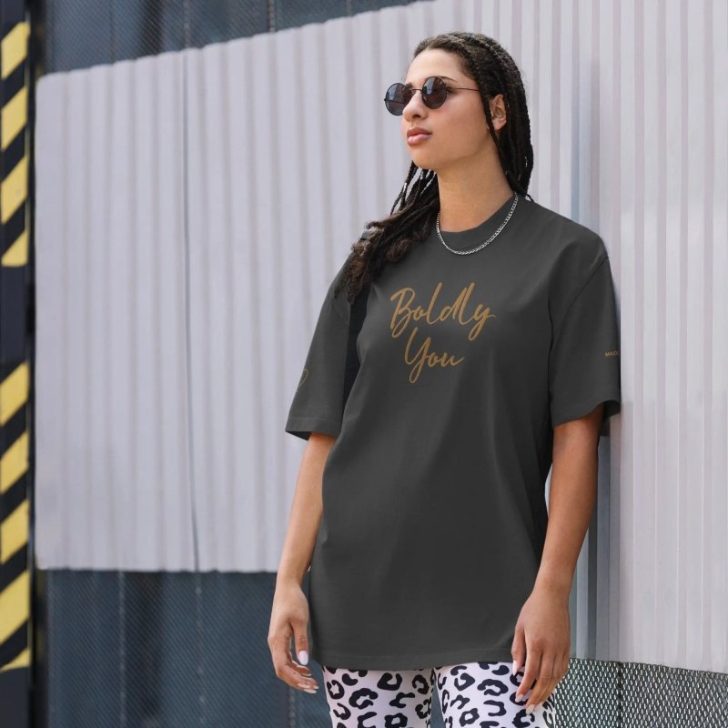 Boldly You Oversized faded t-shirt with Old Gold Embroidery | Oversized T-shirt - oversized t-shirt - British D'sire