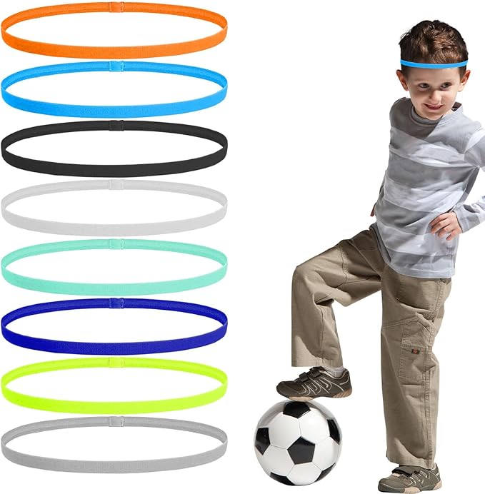 Boys Headband for Kids,8Pcs Nylon & Silicone Elastic Kids Sports Headbands,Non Slip Kids Headbands,Thin Running Hairbands Football Headbands for Boys, Kids - British D'sire