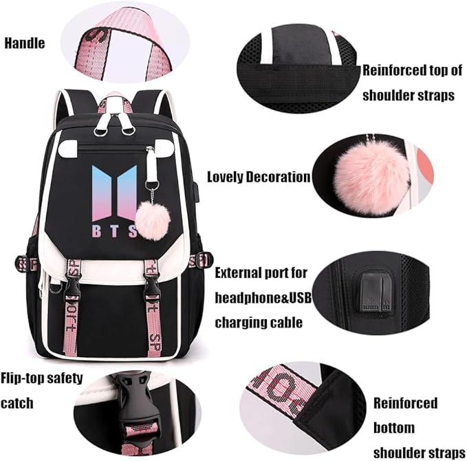 BTS Backpack, Girls Kpop School Bag Students Laptop Backpack for Kids Teenagers Bangtan Boys Fans Gift, Black, 11.8 x 8.26 x 17.7 Inches - Laptop Backpack - British D'sire