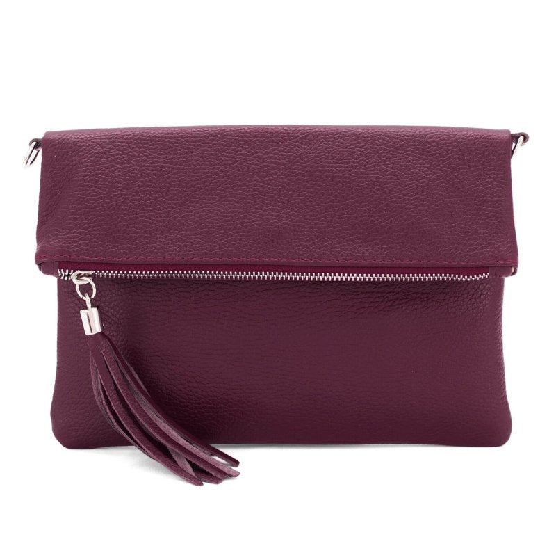 Burgundy Chiara Italian Designer Foldover Leather Clutch Cross Body - British D'sire