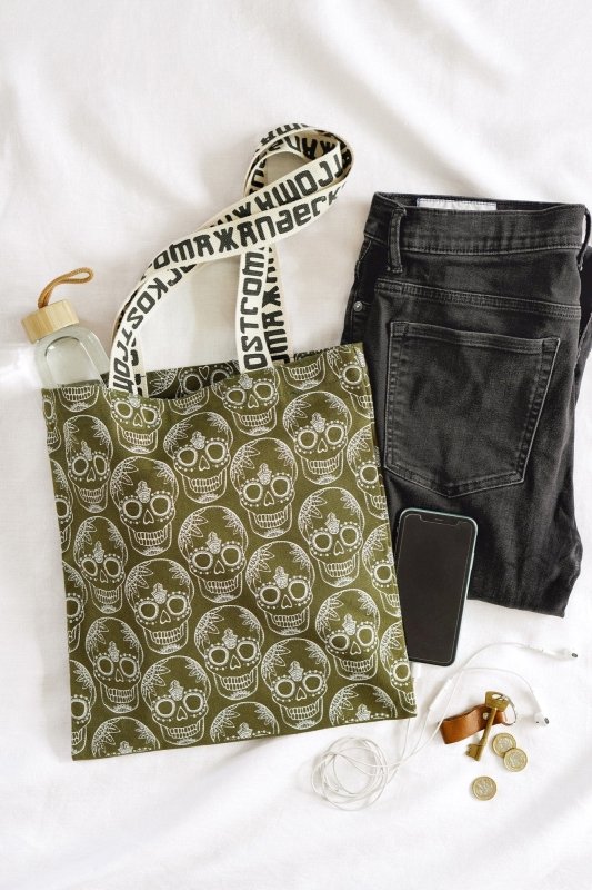 Burnt Olive Green Skull Print Cotton Shopper Tote Bag by Xander Kostroma - Handbags - British D'sire