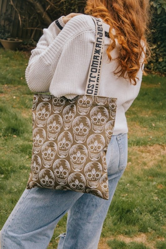 Burnt Olive Green Skull Print Cotton Shopper Tote Bag by Xander Kostroma - Handbags - British D'sire