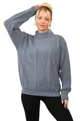 Cable Knit Mock Neck Jumper in Dusty Blue - British D'sire