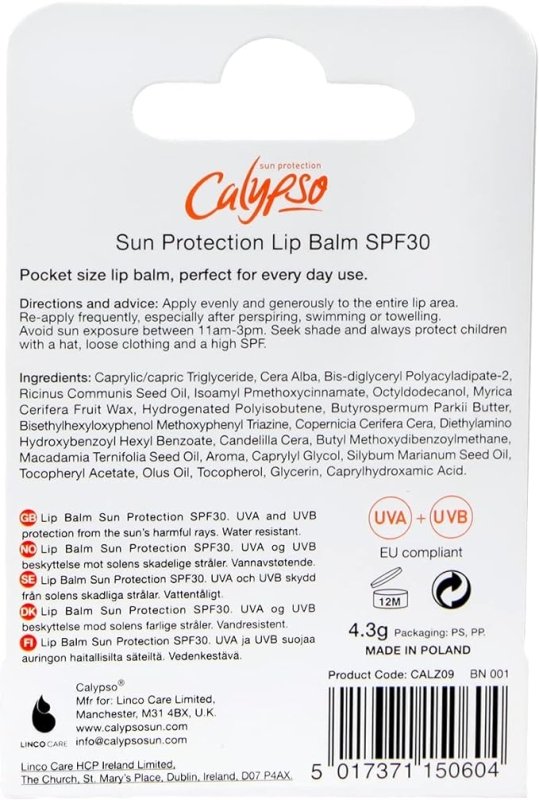 Calypso UVA/UVB Sun Protection Lip Balm SPF30 HIGH 4.3 gm (Pack of 2) - British D'sire